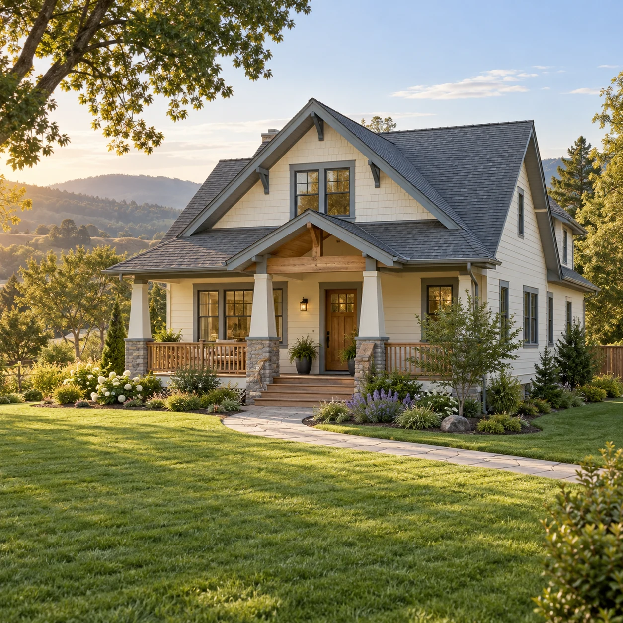Illustrative single-family home with a welcoming porch, landscaped lawn and hillside views